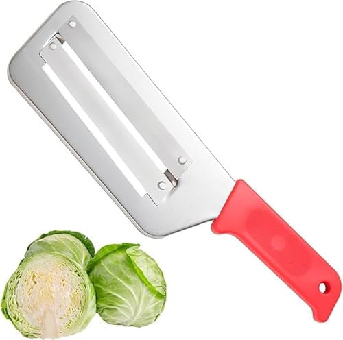 Couteau à chou trancheuse – Déchiqueteuse de chou pour salade de choucroute – Hachoir à chou en acier inoxydable – Coupe-chou avec deux lames tranchantes, poignée en plastique (Rouge)