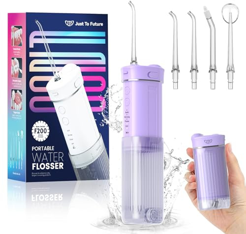 JTF Munddusche Mini, Tragbar Elektrische Zahnreinigung Kabellos, Reise Zahnzwischenraumreiniger mit 5 Ersatzdüsen, 4 Modi Water Flosser, 230ML Versenkbarer Wassertank, IPX7 Wasserdicht(Violett)