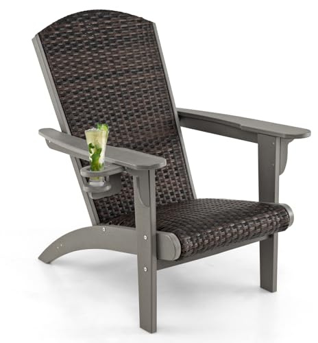 COSTWAY Adirondack Stuhl mit Getränkehalter, Adirondack Chair aus HDPE und Rattan, Gartensessel mit gepolstertem Sitz und Rückenlehne, für Garten, Terrasse (Grau + Braun gemischt)