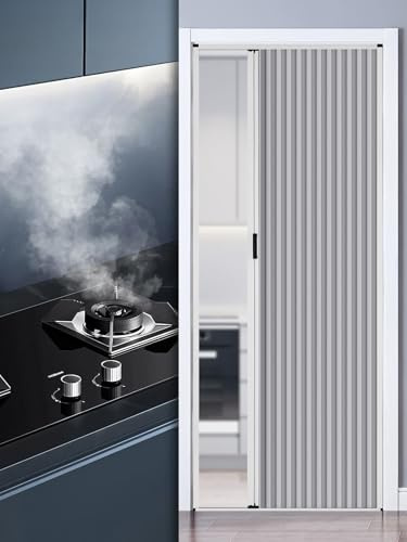 Schiebetür Falttür innentüren Falttür Ohne Bohren Aluminiumrahmen Und Vliesplatte, Ziehharmonika Türen In Sondergröße Mit Beidseitigem Griff Und Schloss Für Küchen Und Schlafzimmertüren(Grey,80x203cm)