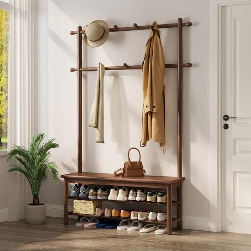 AQIMUELE Coat Rack, Hallway Cabinet, Cloakroom, Clothes Rack, with Bench and Shoe Shelves, Hooks, Height 170 cm, size：100L cm, color：Walnut