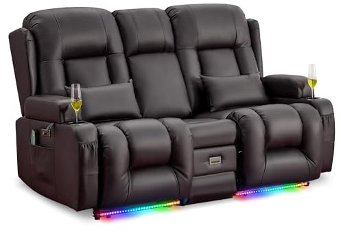 LIFTSHA Zweisitzer Relaxsessel mit Liegefunktion, Fernsehsessel Elektrisch Verstellbar mit Heizung & Vibrierende Massage, TV Sessel Heimkino Sitze mit Multimedia Mittelkonsole, Kunstleder, Dunkelbraun