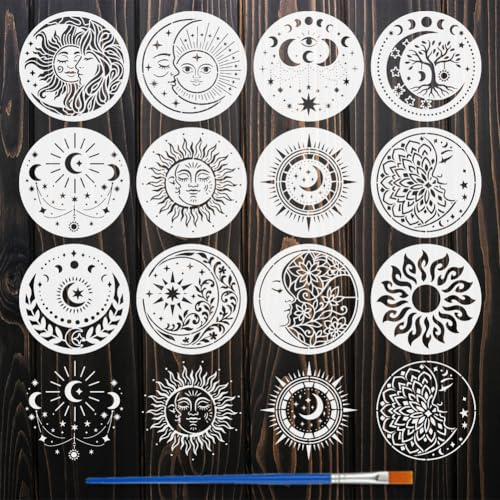 FINGERINSPIRE 12 Stück Sonne Und Mond Schablone Mit Pinsel 20x20cm 12 Stile Rund Lebensbaum Schablone Pflanzendekorationsschablonen Kunststoff Malvorlage Für Bastelarbeiten Wände Möbel Heimdekoration