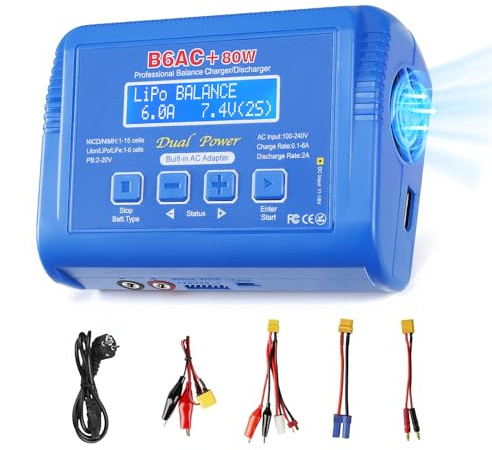 Lipo Ladegerät,80W 6A Ladegerät Balancer für LiPo/Li-Ion/Life/NiMH/NiCd/LiHV/Pb, RC Akku Charger mit XT60/T Plug/Tamiya/EC5/Crocodile Clip, RC Balance Charger für Boote, Drohnen