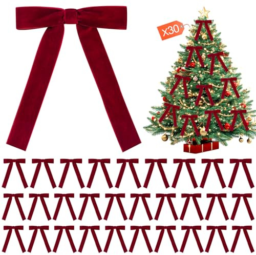 Shining She 30 NœUds pour NoëL, NœUds en Velours Rouge Vin, NœUds De NoëL, DéCorations De NoëL pour NœUds, Cadeaux pour Sapin De NoëL, Emballage Cadeau De NoëL, Largeur 2,5CM (Vin Rouge)