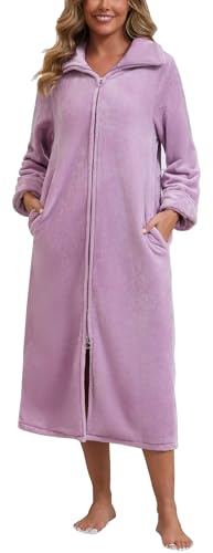 Rubehoow Accappatoio da donna in pile morbido e caldo cappotto di casa peluche flanella cerniera accappatoio con tasche per l'inverno, Lilla, XXL