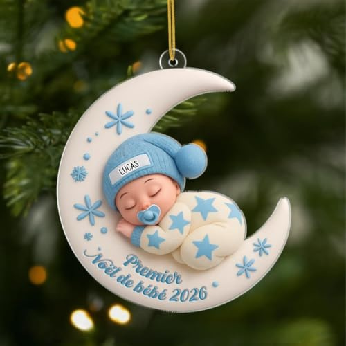 Cadeau Plus Ornement Effet d'impression 3D Acrylique Premier Noël De Bébé - Boule de Noel Premier Noel, Cadeau 1er Noel Bebe, Boules de Noel personnalisées, Ornement Noel personnalisé (Garçon)