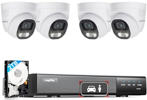 LongPlus Smart 4K 8CH Home Security Camera System, 4Pcs Wired PoE IP Cameras System Outdoor with Person/Vehicle Detection, 12MP 8CH NVR with 2TB HDD for 24-7 Recording, LP8ME84D1