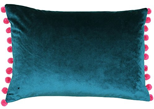 Paoletti Fiesta Rechteckige Kissenhülle – Samtoptik mit Bommelkante (Türkis/Beere – 35 x 50 cm)