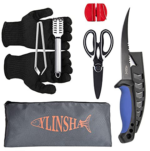 YLINSHA Fisch-Reinigungsset, Angelmesser, 7-teiliges Set, beschichtetes Ködermesser, Fischmesser, Fischschuppen-Reinigungsbürste, multifunktionale Schere, Anti-Schneidhandschuhe, Fischgrätenpinzette,