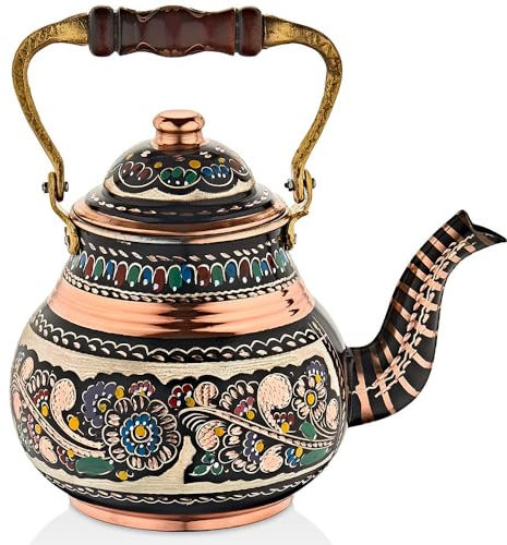 Tetera turca de cobre vintage para estufa, infusor decorativo, árabe, marroquí, fiesta, cocina, antiguo, hecho a mano, para mujeres, floral, estilo único, cuello de cisne, decoración de regalo