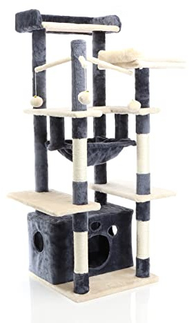 Fudajo Kratzbaum in Dunkelgrau/Beige 134 cm hoch, Katzenkratzbaum mit Katzenhaus + Liegemulde, Katzenbaum mit Plattformen, Katzenmöbel mit Spielbällen