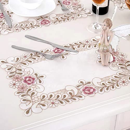 4 Stück Blumenstickerei Tisch Tischset,Durchbrochener Stoff Untersetzer Runden Blumen-Form Matte Tischset Platzsets Deckchen Cup Coasters für Esszimmer Küche Bankett Hochzeit Deko 28x43cm,Rosa