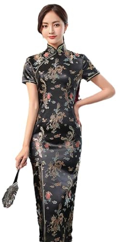 Abito Cinese da Donna - Estate Elegante Broccato Raso Forchetta Lunga Cheongsam Cinese Classico Qipao da Donna Manica Corta Abito da Sera da Sposa Sexy,Nero,XL