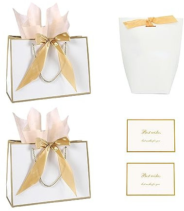 3-Geschenktaschen Mit 4-Dekorativem Papier Und 2-Karten, Exquisite Papiergeschenktasche Mit Griff, Geschenktaschen Für Geschenke, Geeignet Zum Verpacken Von Geschenken (Gold White)