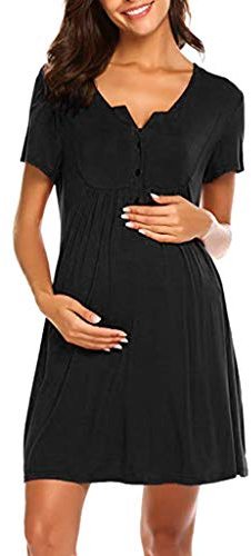 Stillnachthemd Damen Kurzarm Baumwolle Mutterschaft Geburt Nachthemd Umstandskleid mit Knöpfen V Ausschnitt Umstandsnachthemd Schwangerschaft Kleidung für Schwangere Stillende Frauen (Black, S)