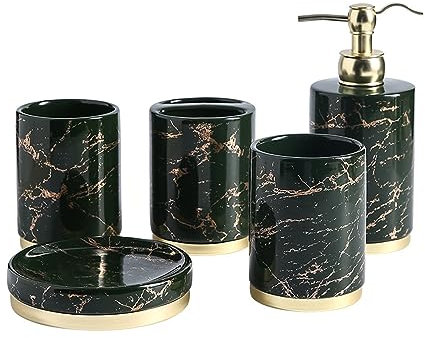 Tauzveok Seifenspender Set Schwarz, 5 Teiliges Badezimmer Set, Seifenspender Keramik, 3Er Zahnputzbecher, Seifenschale, Für Bad Organizer, Marmorierung