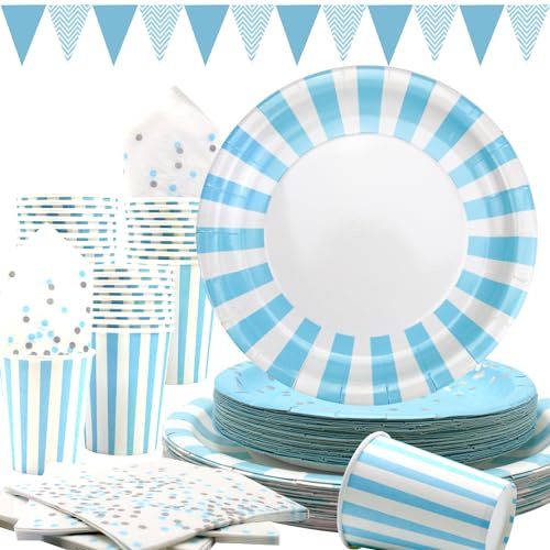 Obussgar Hellblau Gestreiftes Geschirr Partyzubehör umfasst Dreiecksbanner, Teller, Servietten, Pappbecher für Geburtstagsfeiern, Abschlussfeiern, Hochzeiten, Babyparty (Hellblau 24)