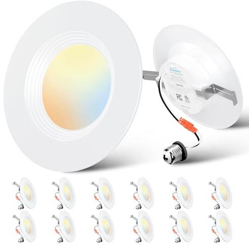 Ensenior 5/6 Inch 5CCT LED Can Lights 12 Pack, Retrofit Led Recessed Lighting, Baffle Trim, Dimmable, 9W=110W, 1000LM, 2700K/3000K/3500K/4000K/5000K Selectable, IC Rated - ETL & FCC