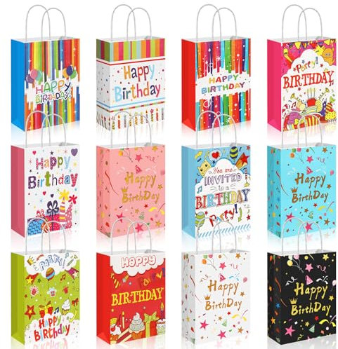 UPINS Kindergeburtstag Geschenktüten, 12 Stück Bunte Geburtstagstüten Geburtstag Geschenktüten aus Kraftpapier Geburtstag Papiertüten mit Griff für Geburtstagsfeier Geschenken
