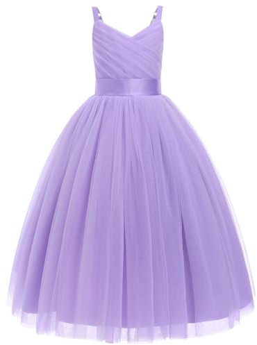 IMEKIS Vestito per bambine e ragazze, per damigella d'onore, senza maniche, con scollo a V, con volant, in tulle, elegante, per la prima comunione, per il compleanno, per la festa