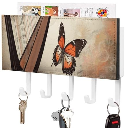 YKUDBN Schlüsselhalter, Musikhintergrund mit Harfe und Schmetterling, Wandmontage, Schlüssel- und Briefhalter, Heimdekoration, geeignet für Küche und Büro