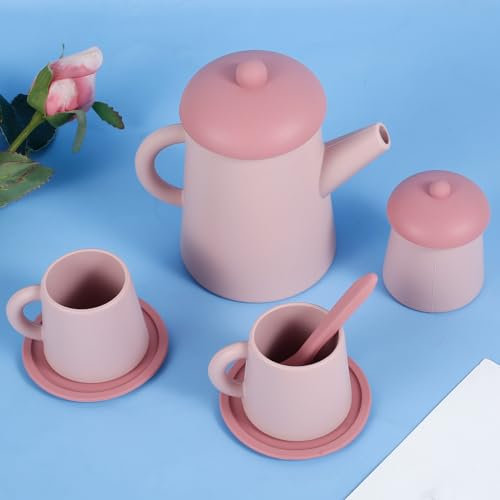 7Pcs Silicone Tea Set for Toddlers Children Tea Party Set Tea Toy Set for Children with Teapot Cups Spoon Spice Jar Cup MatKitchen Accessories Birthday Gifts for 3 4 5 Years Old Girls Kids Boy(Pink)