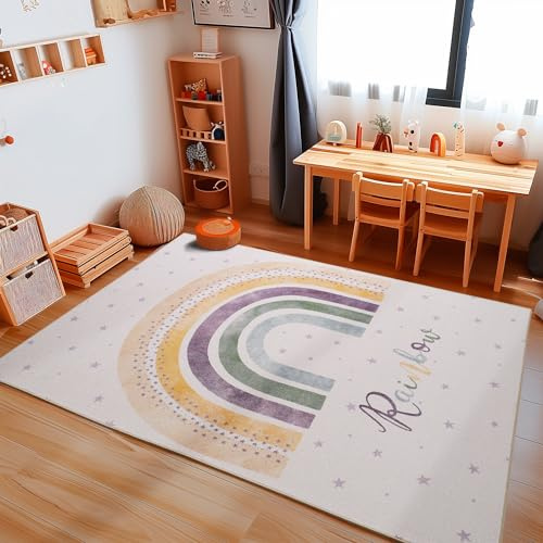Carpetsale24 Kinderteppich Mehrfarbig 100x150 cm Regenbogen Design Modern rutschfest Waschbar Pflegeleicht Extra Weich Antiallergen Babyteppich Kinderzimmer Jungen Mädchen