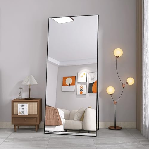 CYYZB 180 x 80 cm Ganzkörperspiegel mit Ständer, schwarzer Ganzkörperspiegel, Rahmen aus Aluminiumlegierung, freistehender Spiegel, rechteckiger Ankleidespiegel für Schlafzimmer, Wohnzimmer