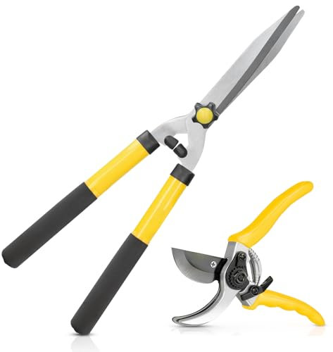 ZAVIA Hedge Shears for Gardening | Set of 21” Hedge Shear & 8” Pruning Garden Secateurs | Long Handled Lawn Shears for Hedges, Shrubs & Bushes | Anti Rust Carbon Steel Blade Hedge Shear Pruner Set