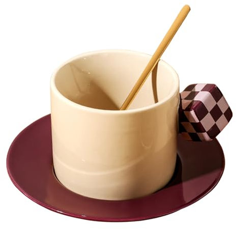 Jarsense Ceramic Coffee Mug Creative Square Handle Ceramic Coffee Cup & Saucer Set 250ml Coffee Mug with Spoon for Coffee Tea Milk (B_Purple)