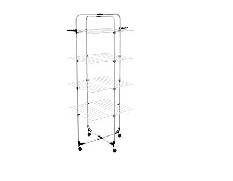 EMPOTEC Stendino Stendi Biancheria a Torre 4 Ripiani Verticale in Acciaio con Ruote Pieghevole Richiudibile Base Quadrata 61x70x176 cm