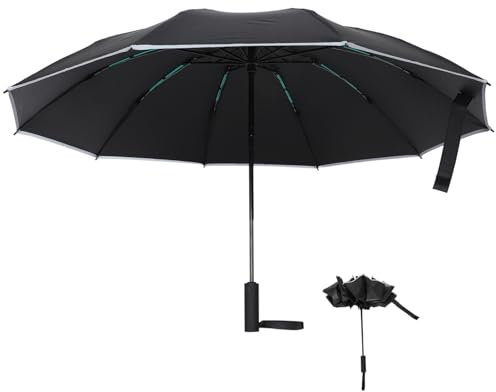 GALPADA Vollautomatischer Regenschirm Reflektierender Regenschirm Umgekehrter Regenschirm Schattenschirm in Der Hand Fahrradschirm Für Fahrrad Kleiner Reiseschirm Golfschirm Black Eisen