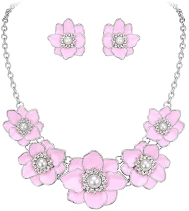 EVER FAITH Blume Halskette für Damen, Sommer Boho Statement Kragen Floral Bib Choker mit Ohrstecker