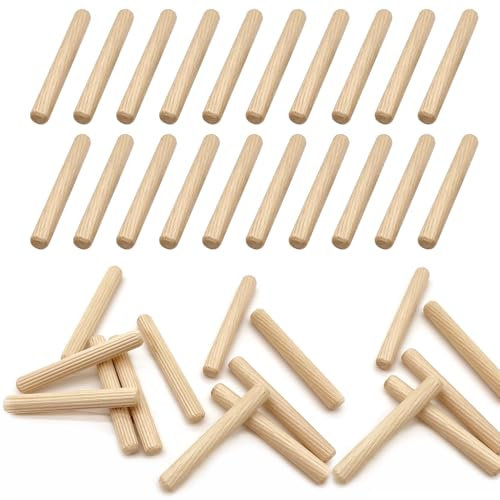 50 Pcs Hardwood Dowels , Round Hardwood Pins,Fluted Wooden Dowels, 6mm x 50mm Round Dowel Rods for Cabinet, Drawer, and DIY Crafts