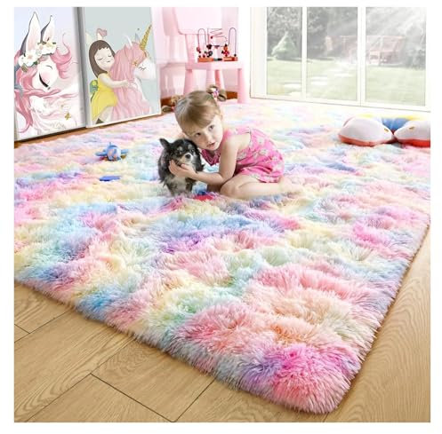 Tappeto Camera da Letto Soffici tappeti for camera da letto Tappeti sfocati for soggiorno Tappeti morbidi for bambini Tappeti antiscivolo for pavimenti in legno Decorazione della camera(Rainbow,153x24