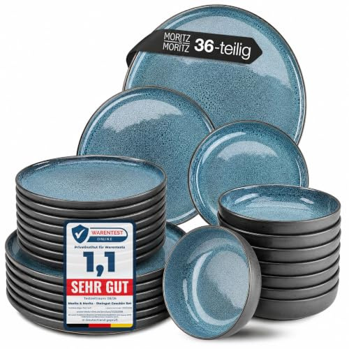 Moritz & Moritz Steingut Geschirrset 12 Personen Blau 36-Teilig - Steingut Teller Set bestehend aus 12x Dinnerteller, 12x Dessertteller, 12x Suppenteller - Serie Organic