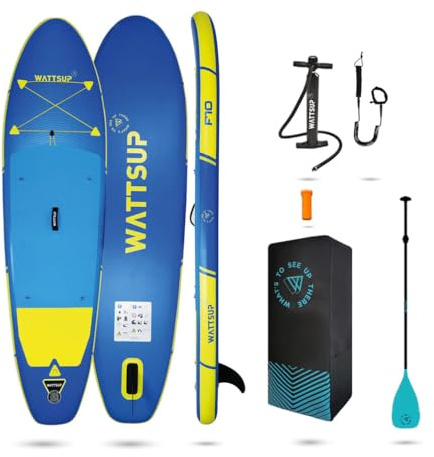 Wattsup - Sup Stand Up Paddle Gonflable F10 10' - 305x81x15cm Dropstitch - Pack Complet : Pagaie Leash Pompe Sac de Transport - Jusqu'à 125kg -Bleu