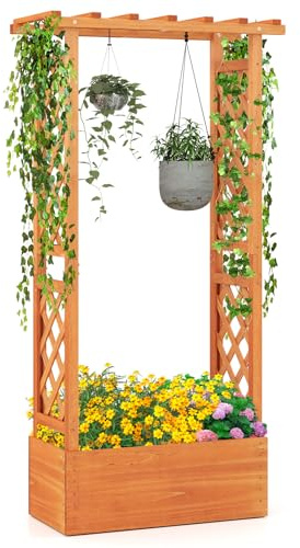 GOPLUS Jardinière Surélevée avec Treillis, 2 Treillis Latéraux et Toit Suspendu, Lit de Jaridn en Bois pour Extérieur avec Trou de Drainage pour Fruits, Légumes et Herbes, 78x32x152cm (Orange)