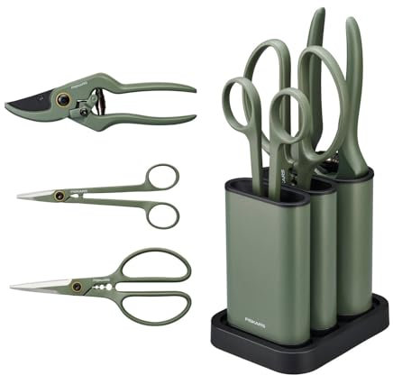 Fiskars Pflegeschnitt-Set, 3-teilig, Urban Plant Care, Pflanzen-/Blumenschere mit Halter, Kleine Pflanzenschere mit Halter, Pflanzenschere mit Halter, Edelstahl/Kunststoff, Dunkelgrün/Schwarz, 1075317