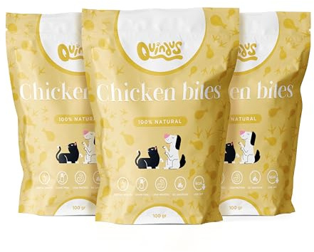 QUINDU'S - Bocados de Pechuga de Pollo Deshidratada para Perros y Gatos (100g x 3) | Chuches Naturales con Proteínas y Nutrientes | Suplemento Alimenticio para Piel y Pelaje | Dieta Barf