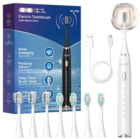 Seago cepillo de dientes eléctrico sónico, cepillo electrico ultrasónico con sensor de presión, 60 días uso, 8 cabezales, soporte y temporizador, 5 modos, IPX7 impermeable, SG2782, Blanco