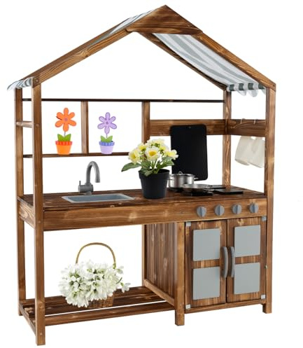 Maxmass Outdoor Kids Mud Kitchen, Wooden Toddler Toy Kitchens with Canopy, Chalkboard, Flower Pots, Rotatable Faucet & Sink, Garden Children Role Play Cooking Set for 3-7 Years Old