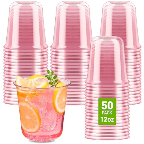 Copas de vino desechables de 355 ml, 50 vasos de cóctel de plástico transparente clásico para bebidas frías para bodas, reuniones, reuniones de cumpleaños (rosa)