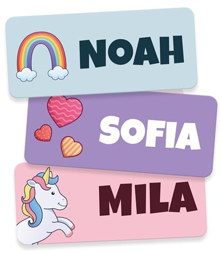 Namensaufkleber Kinder für Schule & Kita (60 Stk, Fantasie) | Personalisiert & Waschmaschinenfest, Namensschilder für Kleidung, Namensetiketten, Klebeetiketten Namen Kinder