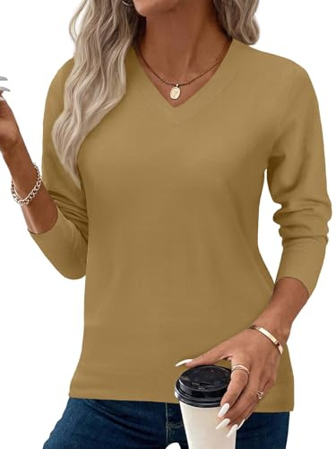 Yutdeng Jersey Mujer Elegante Jersey de Punto para Mujer Cuello en V Suéter Manga Larga Suave Sweater Cálido Jerséis Otoño Invierno Sueter Casual Pullover Ligero Jerseys Cómodo Ajustado Top Color Liso