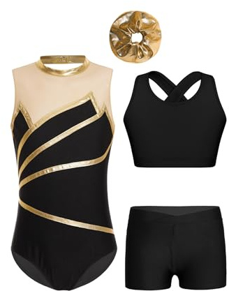 Sinleey Turnanzug Mädchen Gymnastikanzug Glitzer Kinder mit Top Und Shorts Hose Haarband Set Gymnastik Leotard Tanz Eiskunstlauf Kostüm für 5-16 Jahre