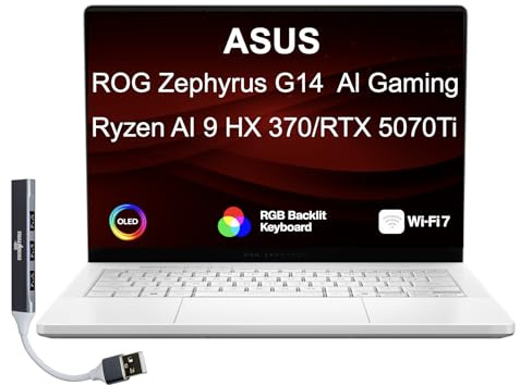 ASUS ROG Zephyrus Gaming Laptop 14 120Hz OLED 3K 500 nits DCI-P3 100% | (AMD Ryzen AI 9 HX 370, GeForce RTX 5070 Ti 12GB, 32GB LPDDR5X, 8TB SSD, Copilot, WiFi 7, RGB KB, Win11Pro) w/DKZ USB Hub