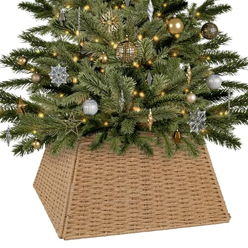 Taylor & Brown Natural Wicker Christmas Xmas Tree Skirt Stand Base 48x48cm Rustic Rattan Base Folding Collar Basket with Durable Metal Frame Fits Tree Stands Up to 1.5m-2.1m
