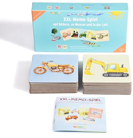 oqono Memo-Spiel für Kinder, 2x12 Fahrzeugkarten, Lernspiel zur Förderung von Gedächtnis, ab 2 Jahren, Kartengröße 11 x 11 cm, Booklet für 8 Spielvarianten, Große Karten für Kleine Hände
